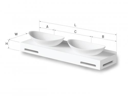 PAA Made to Measure Silkstone materiāla virsma ar divām Felice izlietnēm un izmēru shematiskiem apzīmējumiem - koncepta bilde