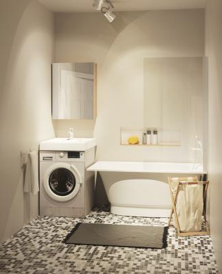 Akmens masas vanna Uno ar dušas sieniņu un Claro Grande izlietni uz veļas mašīnu