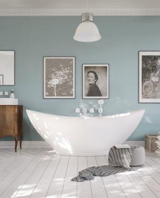 PAA Silkstone vanna Felice Silk saulainā interjerā ar izlietni uz mēbeles un bildēm pie sienas